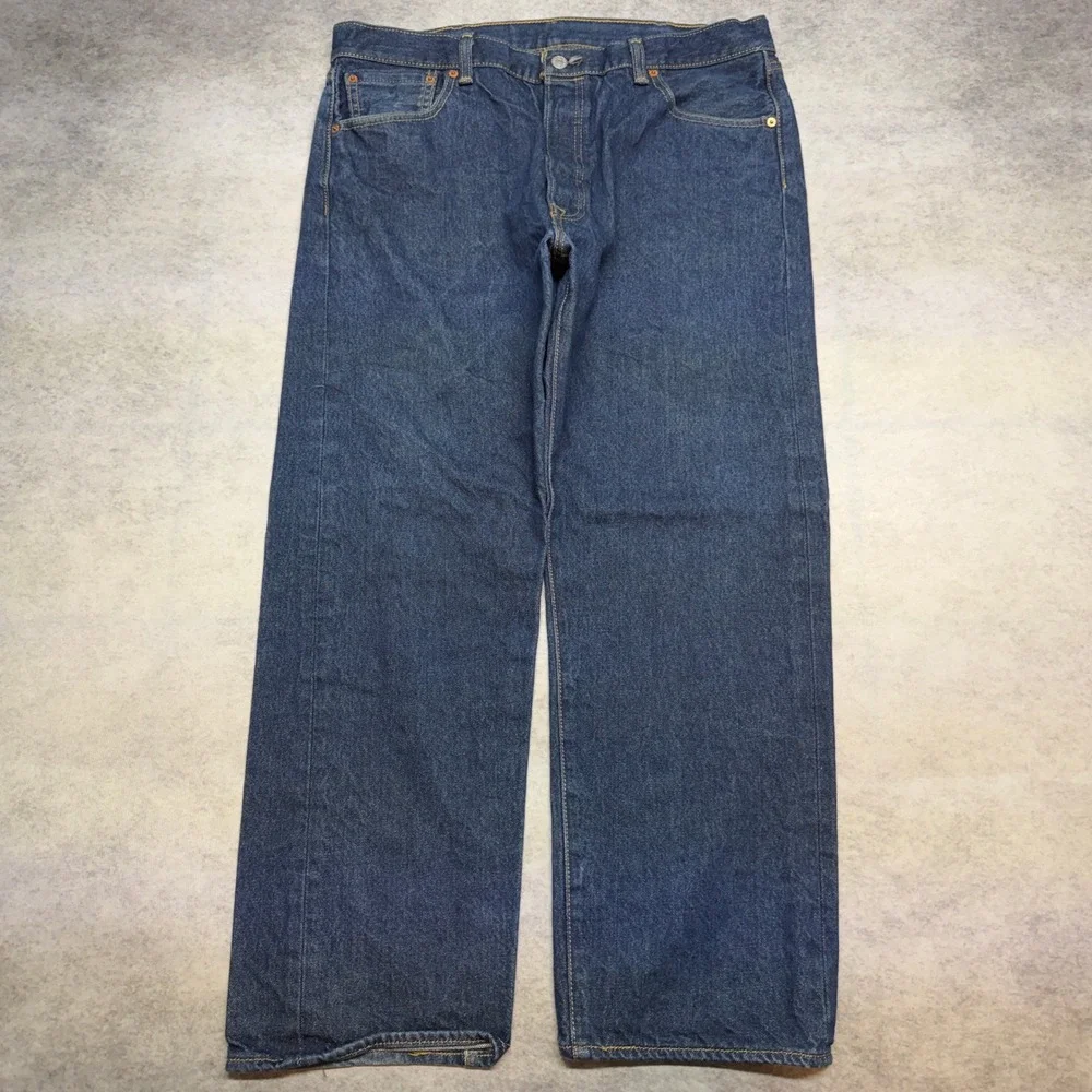 Levi's 501 Original Fit Jeans Mens 38x30 Dark Wash Blue Straight Leg Distressed - Picture 1 of 12